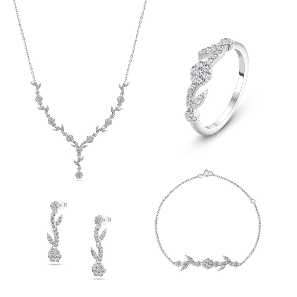 طقم فضة عيار 925 على شكل غصن شجري مرصع بفصوص زركون