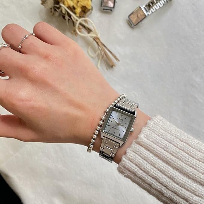 Casio Women's Watch with Stainless Steel Bracelet and Silver Rectangular Dial