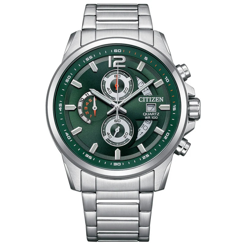 Citizen Quartz Men's Watch with Stainless Steel Bracelet and Green