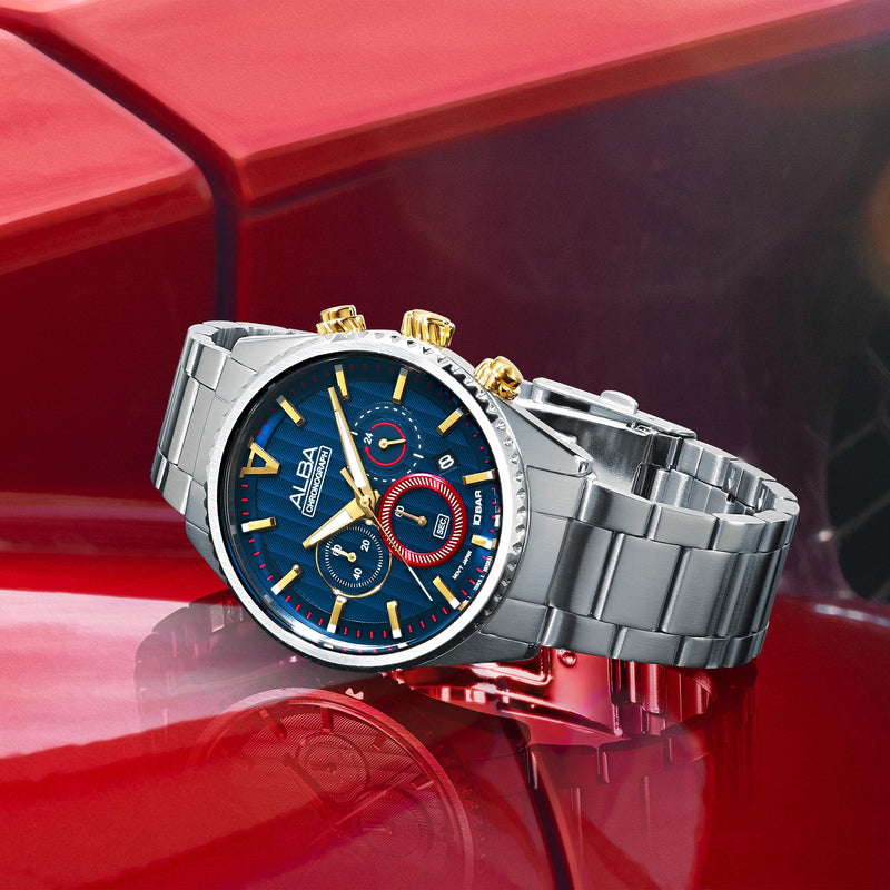 ساعة يد ألـبا كرونوغراف فضي للرجال بميناء أزرق | فتحي إبراهيم