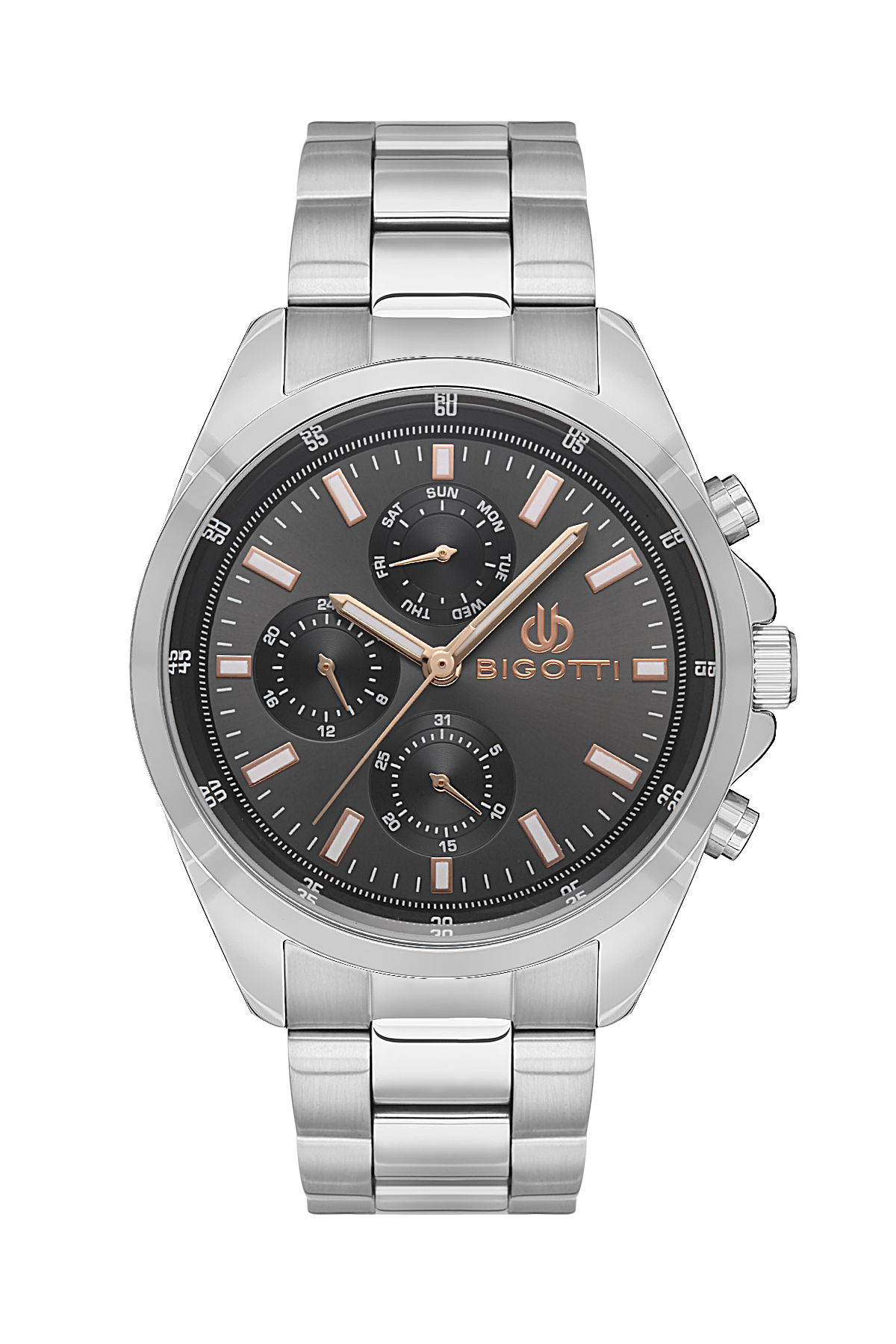 ساعة يد رجالية بيغوتي – ستانلس ستيل فضي بميناء رمادي وعدادات متعددة