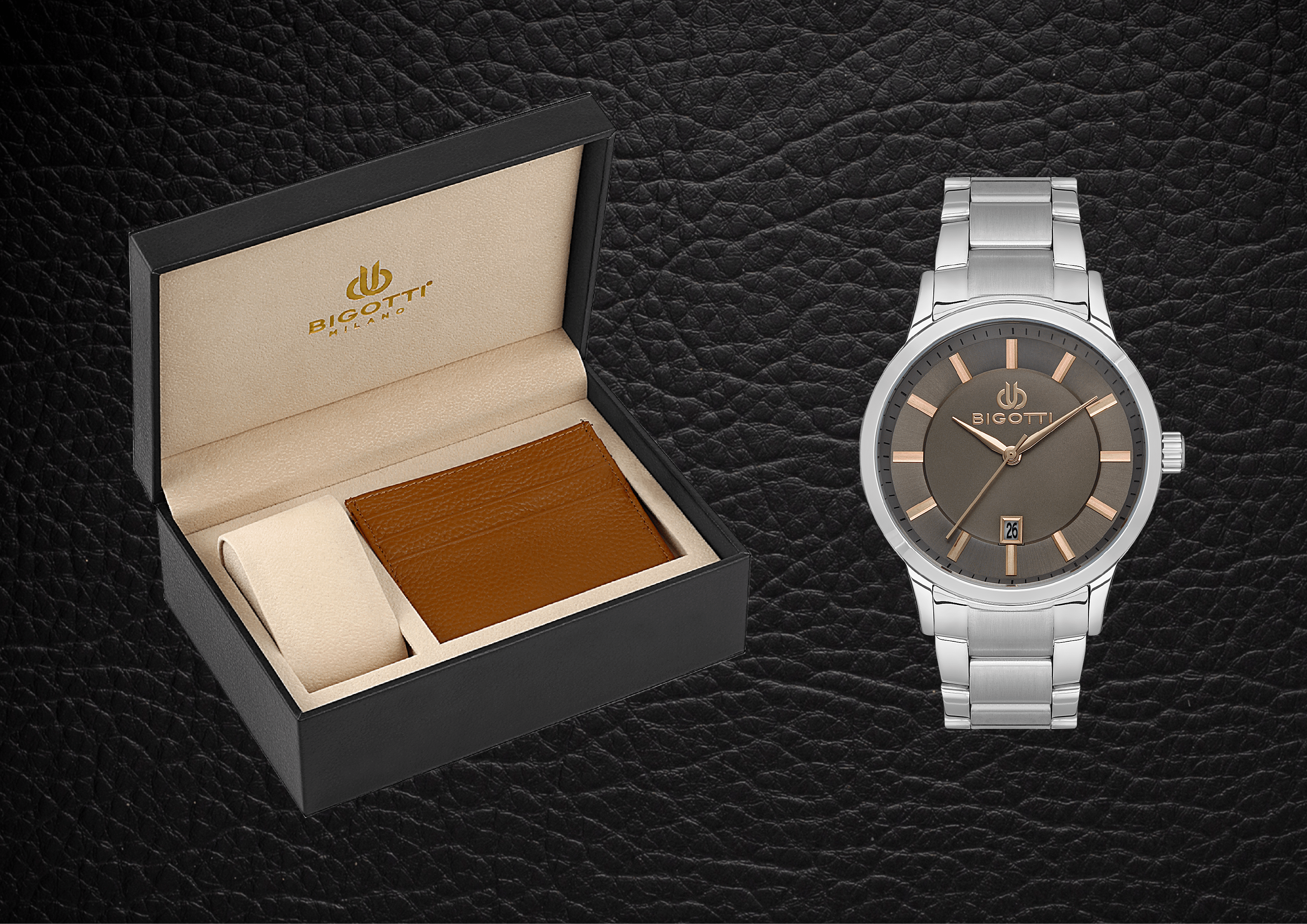 ساعه بيجوتي رجالية BG.1.10485‑1 – سوار ستانلس ستيل مع حامل بطاقات جلدي