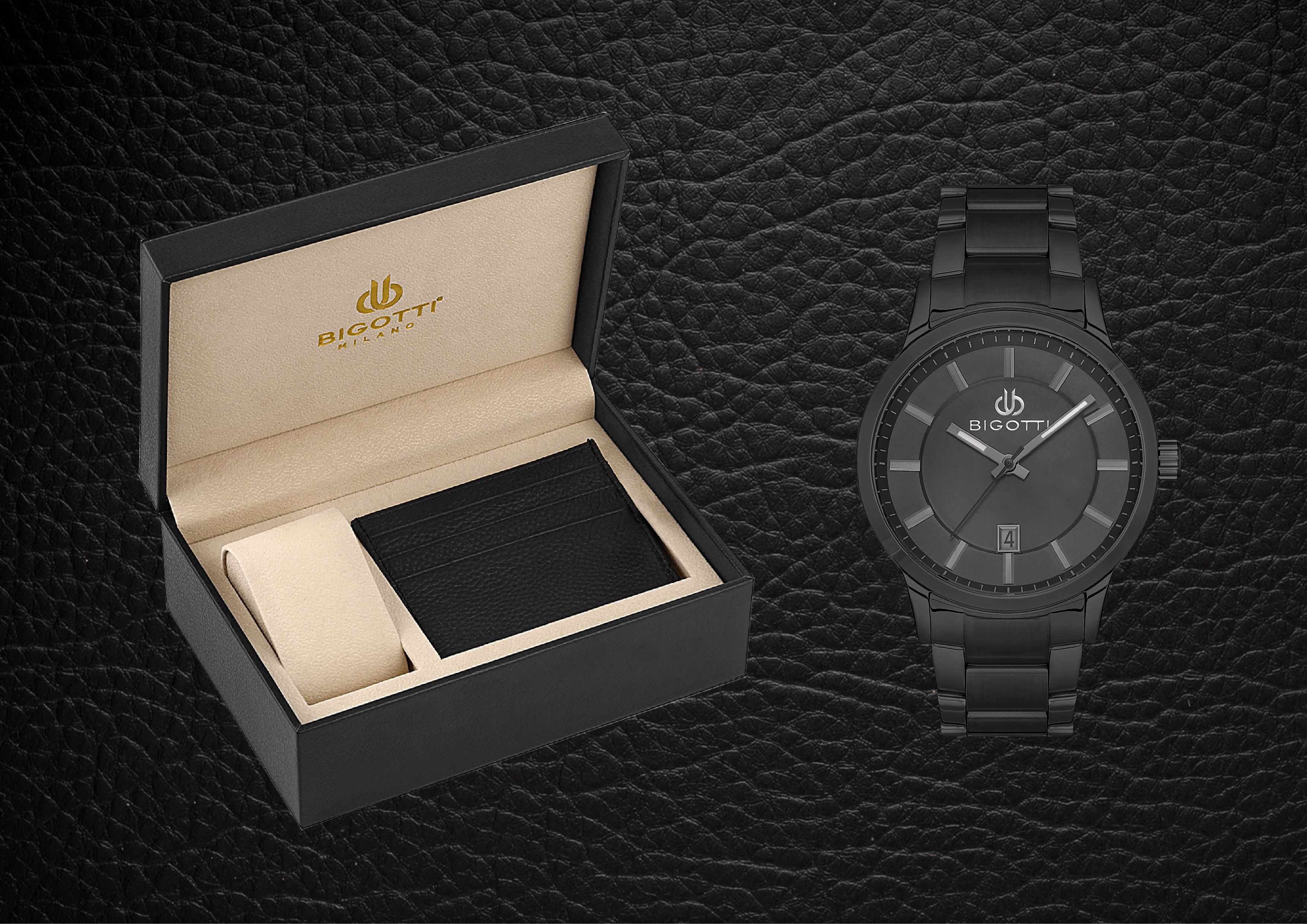 ساعه بيجوتي رجالية BG.1.10485‑4 – سوار ستانلس ستيل مع حامل بطاقات جلدي