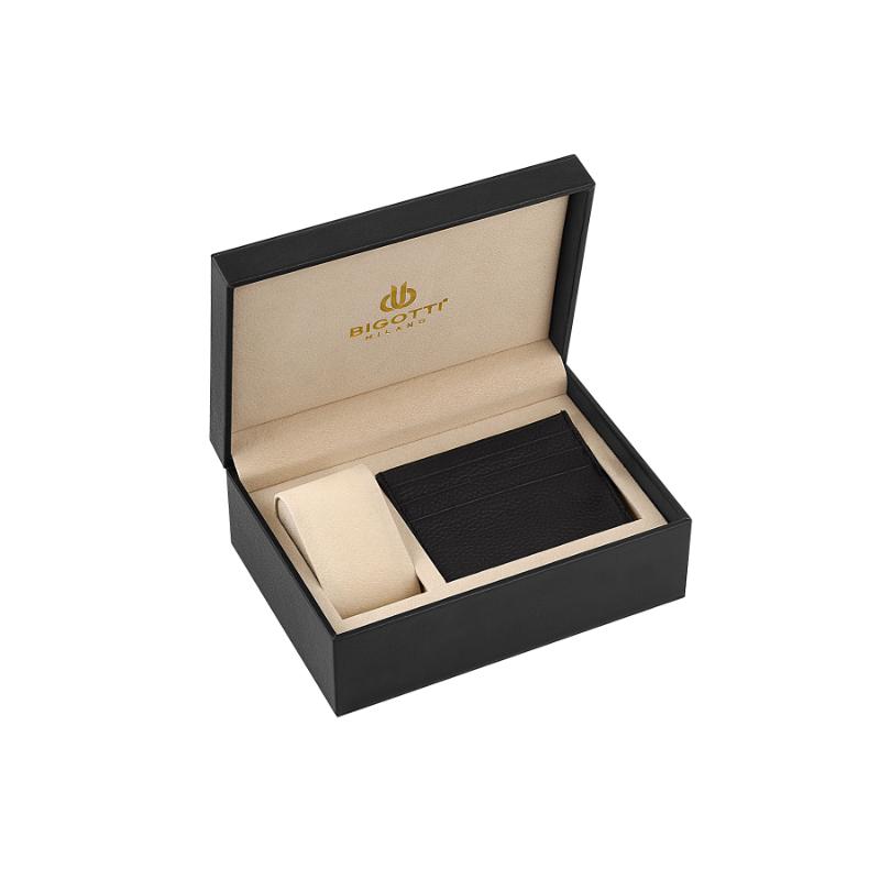 طقم هدايا من بيجوتي (ساعة بيجوتي ستانلس ستيل أنالوج ومحفظة جلد للرجال