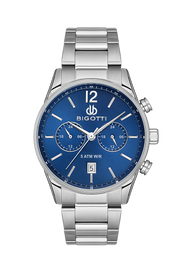 ساعة يد رجالية بيغوتي – ستانلس ستيل فضي بميناء أزرق وعدادات فرعية ونافذة تاريخ