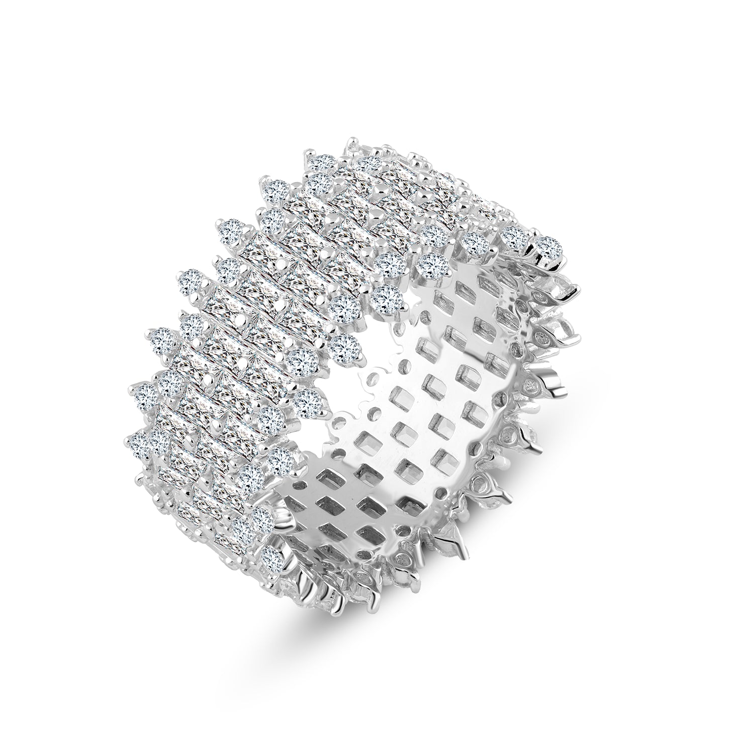 خاتم فضة عيار 925 بتصميم عريض مرصع بفصوص زركون متعددة الأشكال