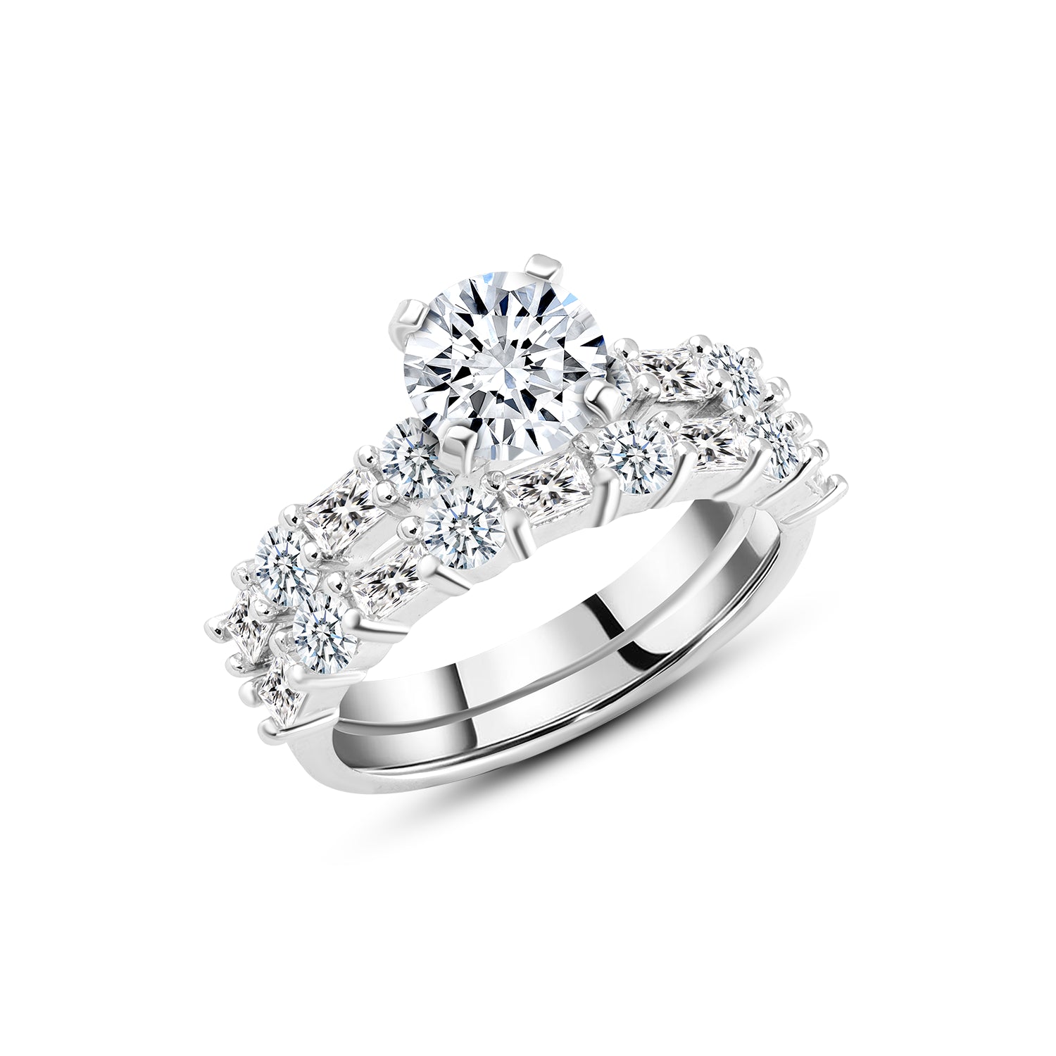 خاتم فضة عيار 925 مزدوج بفص دائري مرتفع وترصيع زركون متباعد بتصميم فخم