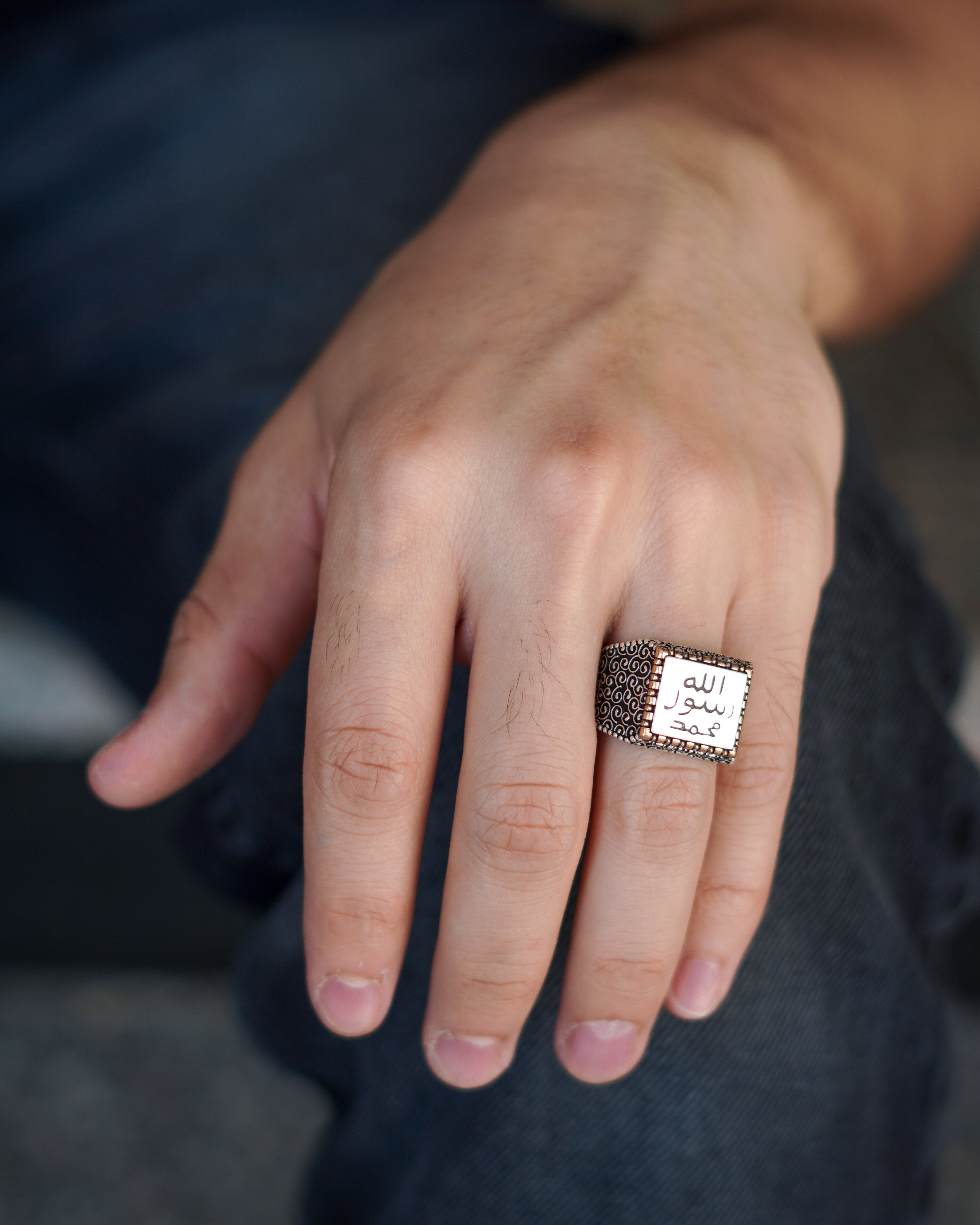 Men’s Silver Ring with Rectangular White Agate Engraved "Allah - Rasul - Muhammad"