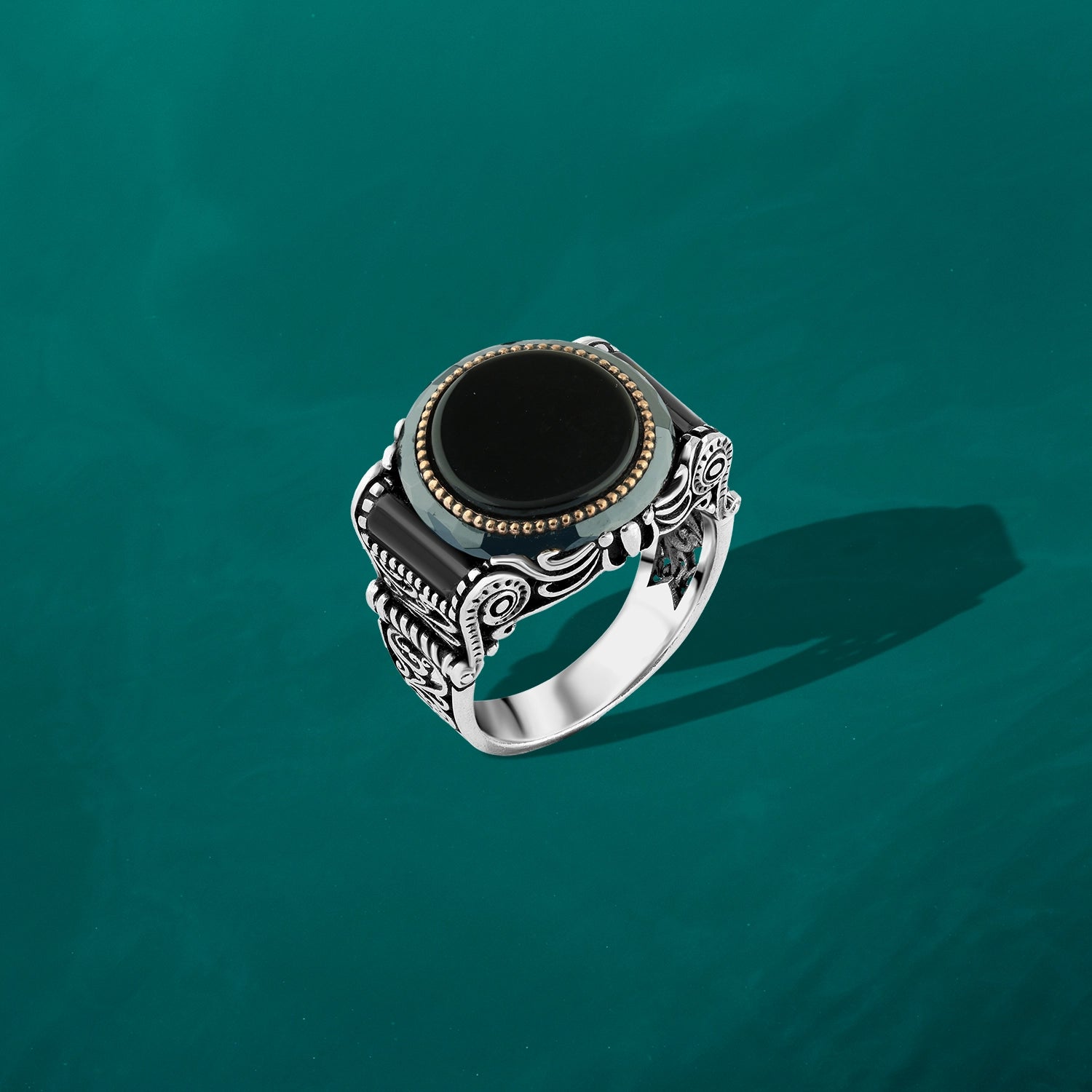 Men's Silver Ring with Black Round Stone and Oriental Details