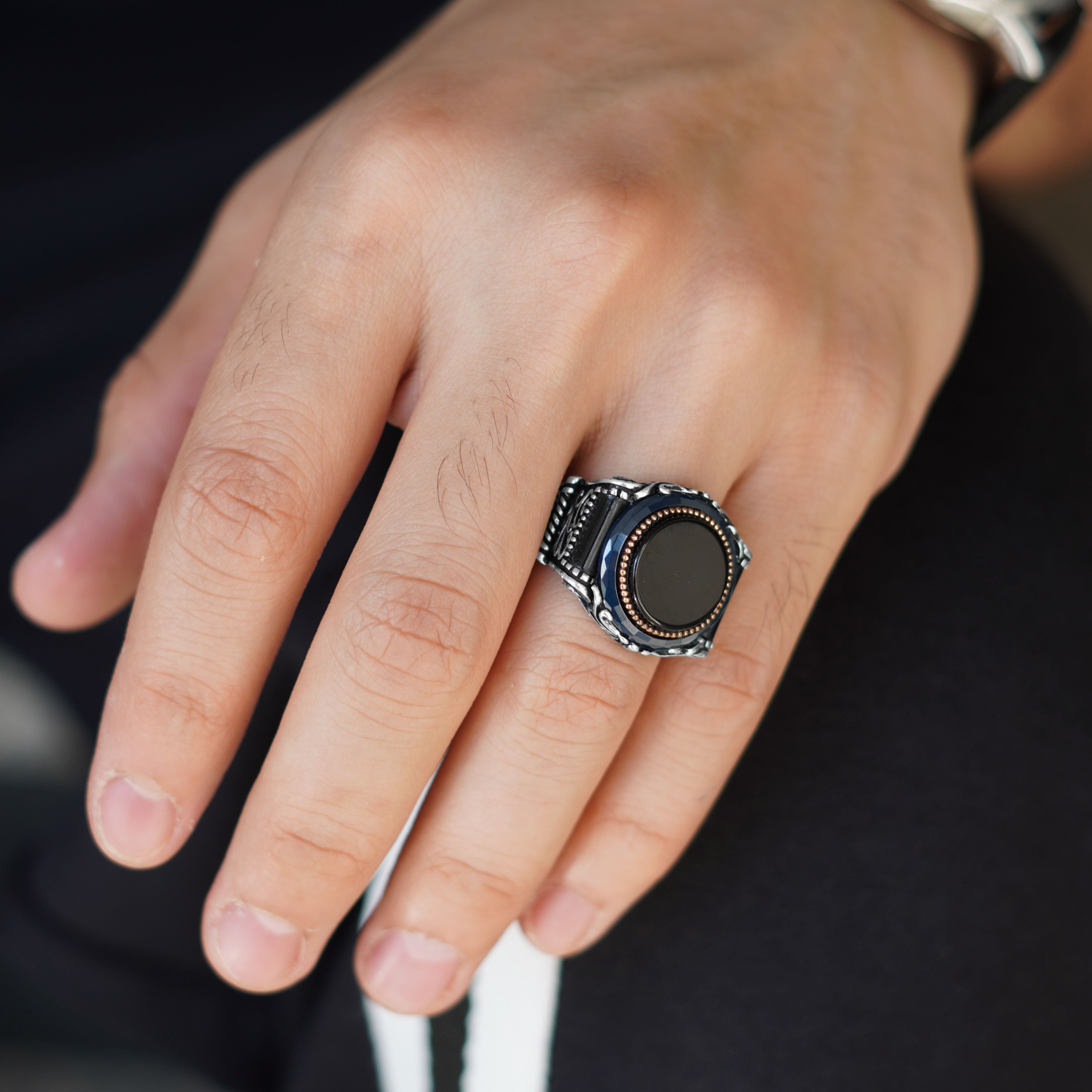 Men's Silver Ring with Black Round Stone and Oriental Details