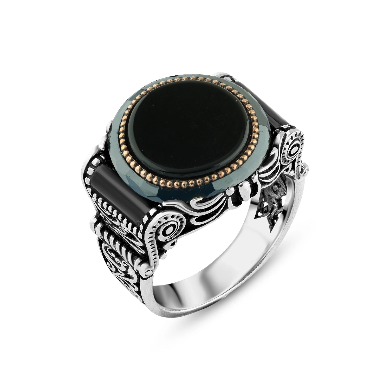 Men's Silver Ring with Black Round Stone and Oriental Details