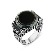 Men's Silver Ring with Black Round Stone and Oriental Details