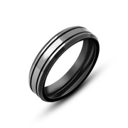 دبلة تنجستين رجالي بلون فضي متداخله بها خطوط سودا