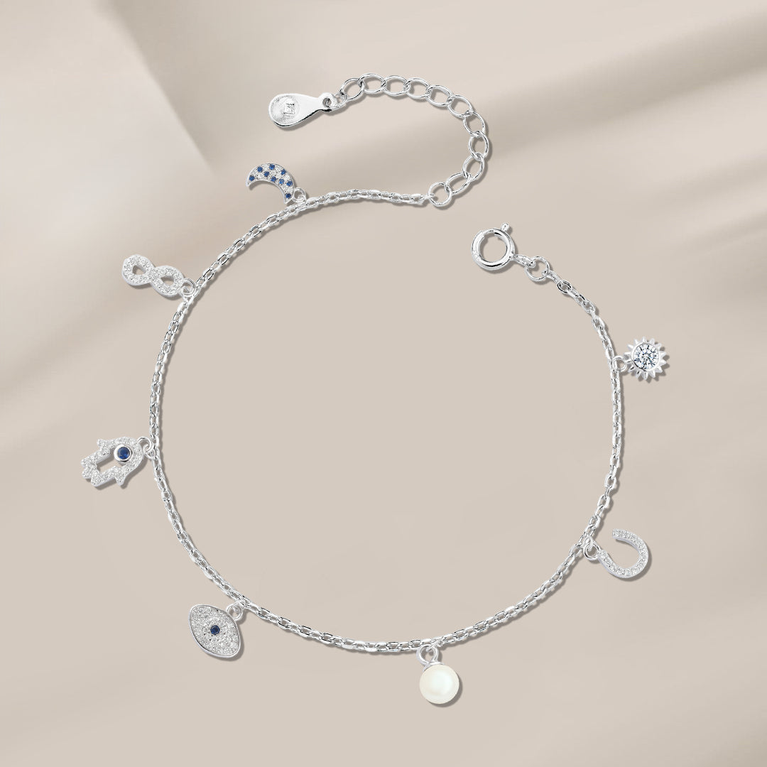 خلخال أسرار الكون – فضة  925 بتصاميم رمزية ولؤلؤة ساحرة