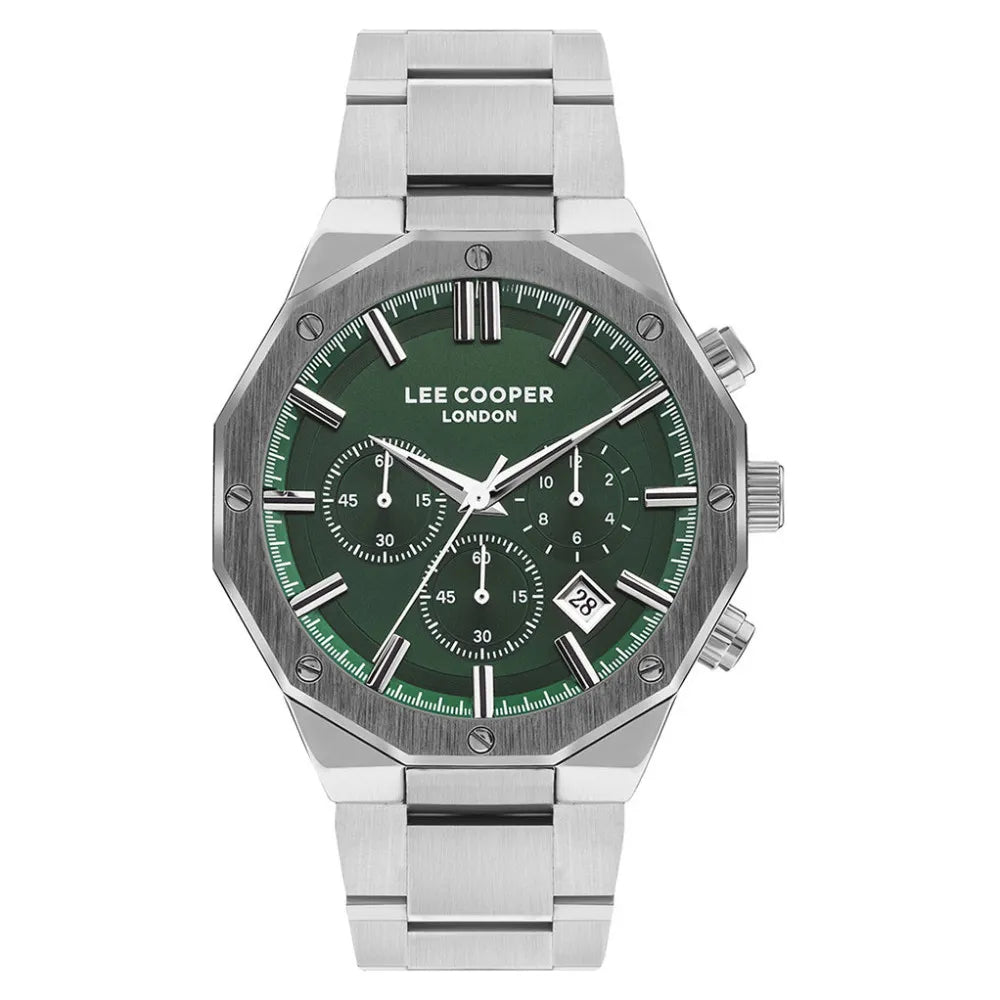 ساعة يد رجالية من لي كوبر بهيكل فضي ثماني وميناء أخضر وعدادات كرونوغراف