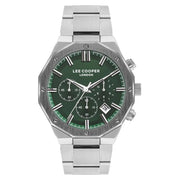 ساعة يد رجالية من لي كوبر بهيكل فضي ثماني وميناء أخضر وعدادات كرونوغراف