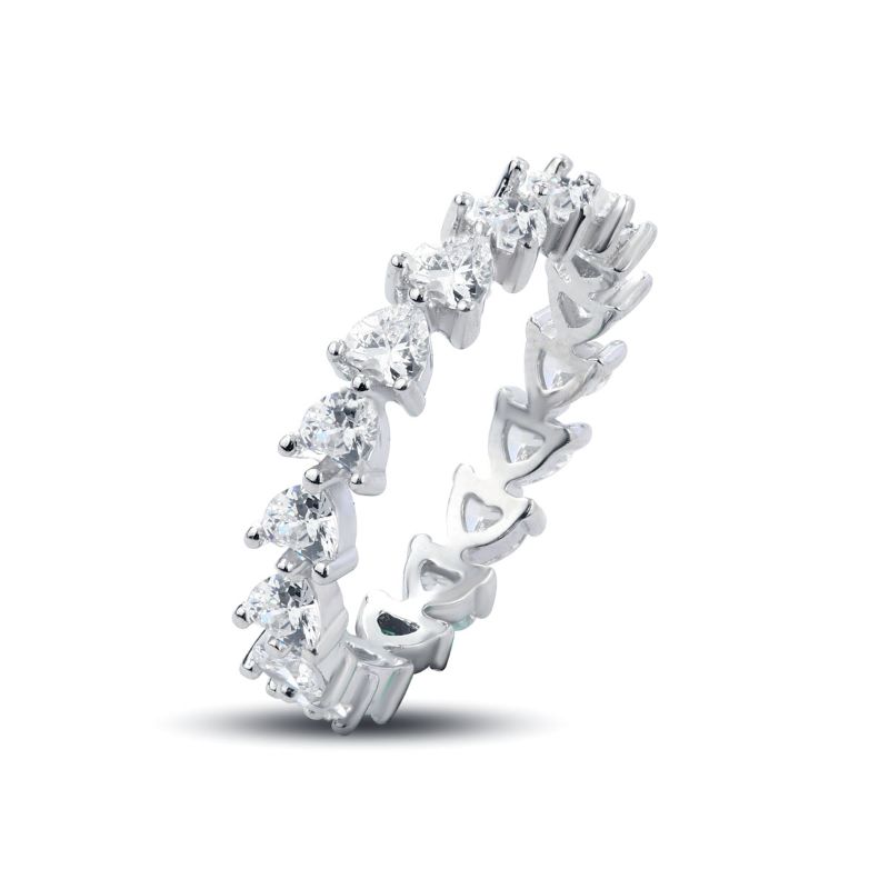 Women's Silver Ring with Pear-Cut Zircon Stones and Interlinked Heart Design