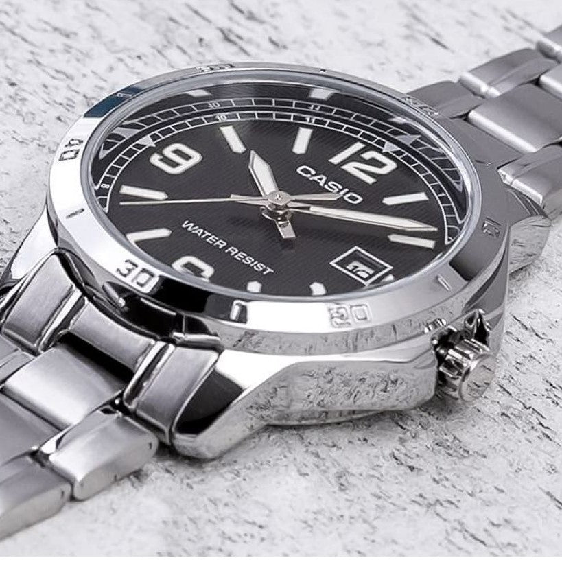 LTP-V004D-1B2UDF – Casio Women’s Analog Watch with Stainless Steel Band and Black Dial with Date Display