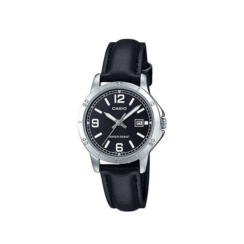 LTP-V004L-1BUDF – Casio Women’s Analog Watch with Black Leather Strap and Black Dial with Date Displa