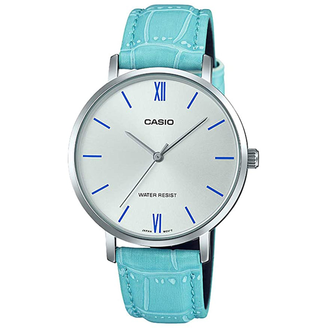 LTP-VT01L-7B3UDF – Casio Women’s Watch with Turquoise Leather Strap and Minimal Silver Dial