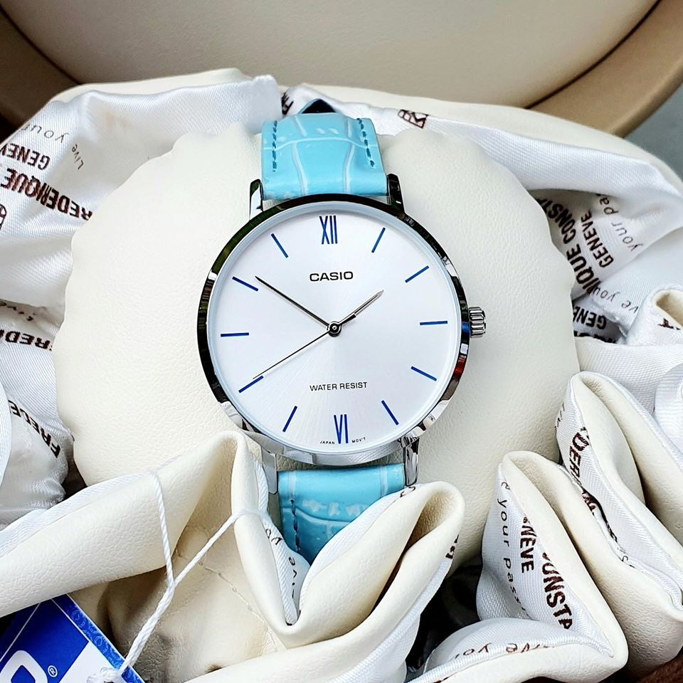 LTP-VT01L-7B3UDF – Casio Women’s Watch with Turquoise Leather Strap and Minimal Silver Dial