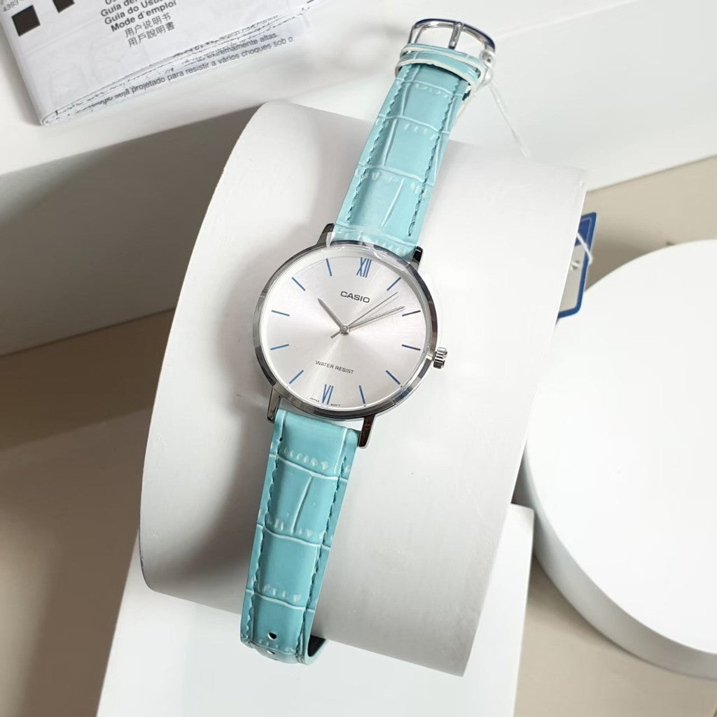 LTP-VT01L-7B3UDF – Casio Women’s Watch with Turquoise Leather Strap and Minimal Silver Dial