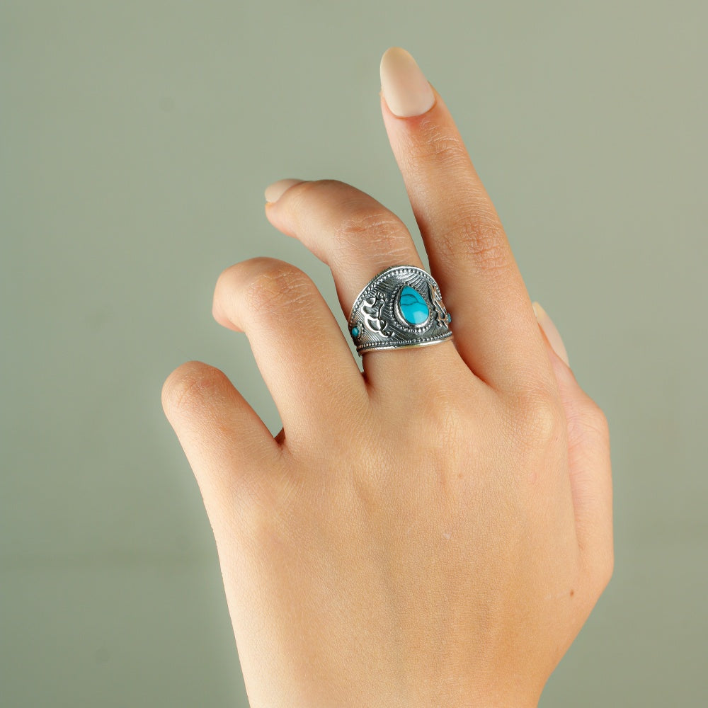 خاتم فضه حريمي عيار925 مستوحي من الطراز العثماني وحجر فيروزي