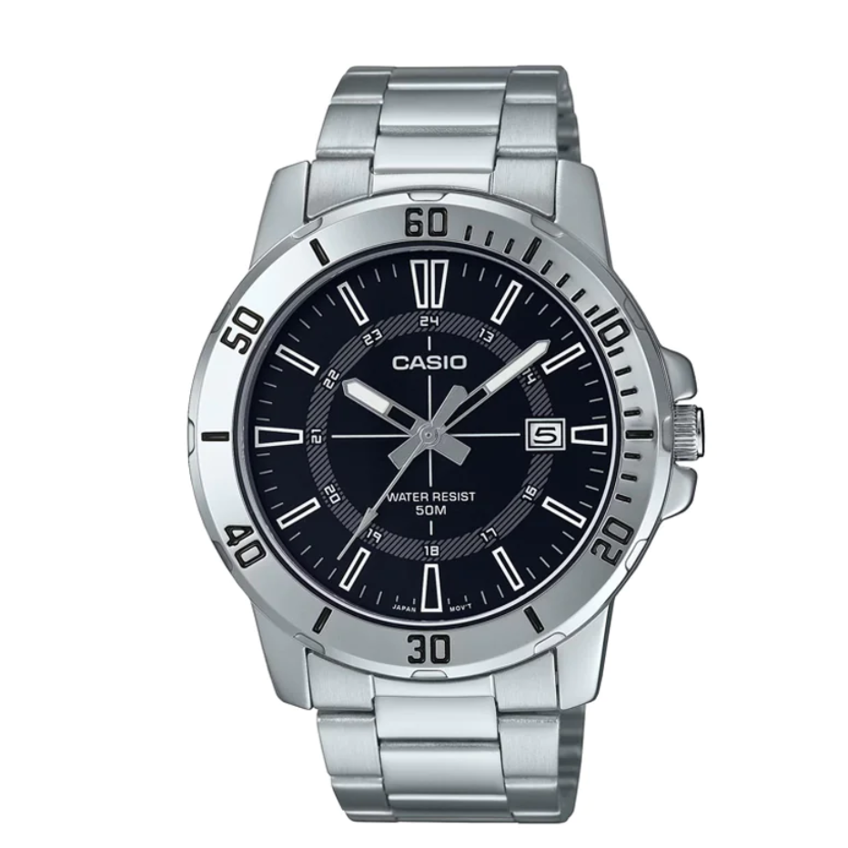 ساعة كاسيو كوارتز أنالوج بمينا أسود وستانلس ستيل للرجال MTP-VD01D-1CVUDF