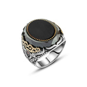 Men’s Silver Ring with Black Onyx and Oriental Gold Detailing