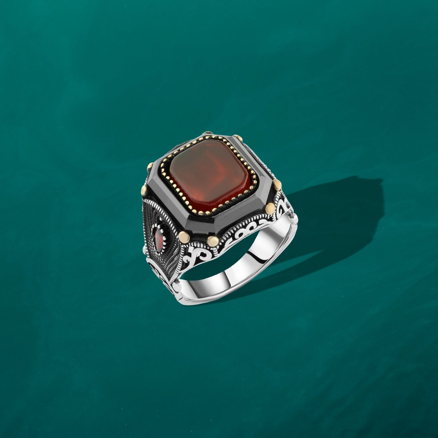 Men’s Silver Ring with Red Agate and Gold Accents, Detailed Side Engraving