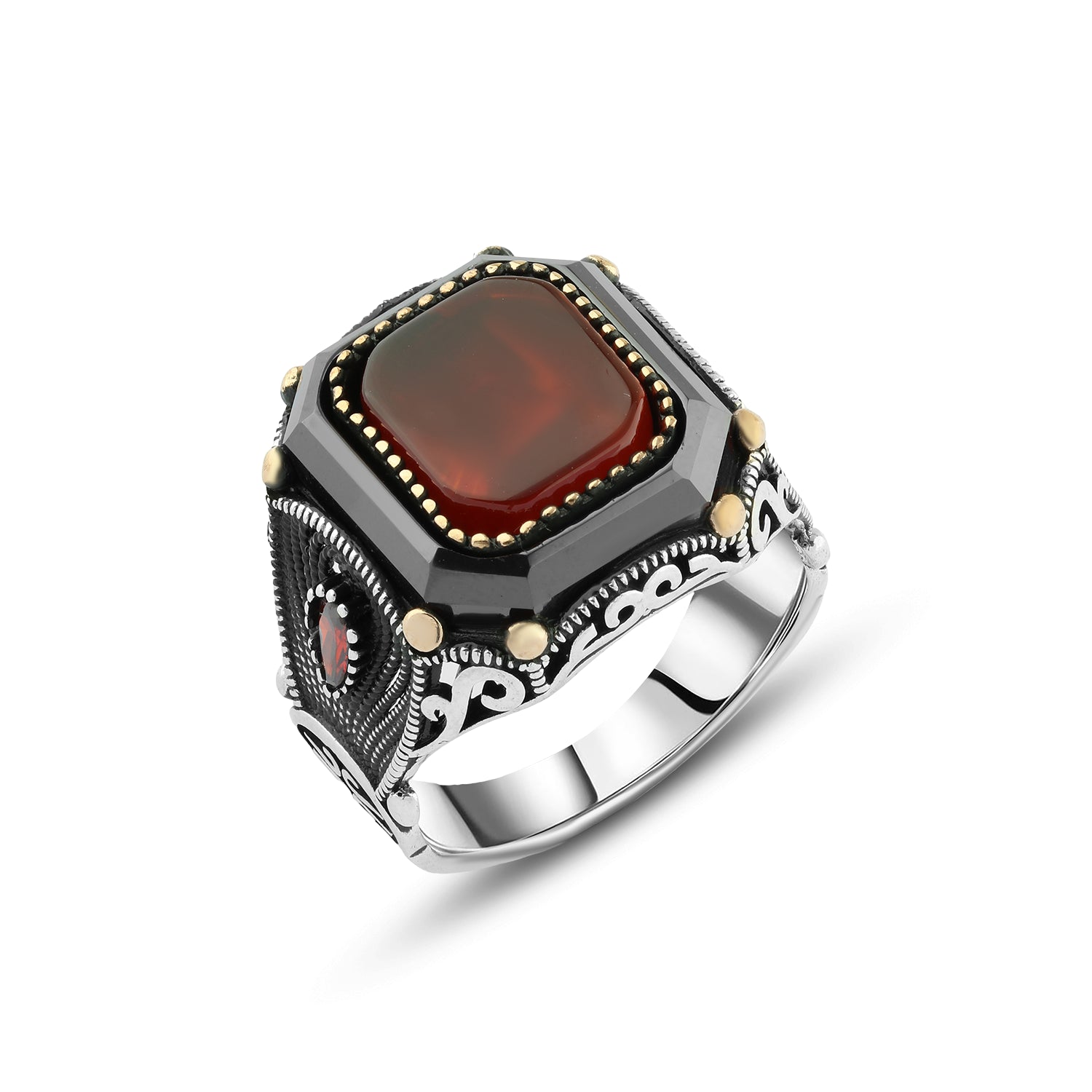 Men’s Silver Ring with Red Agate and Gold Accents, Detailed Side Engraving