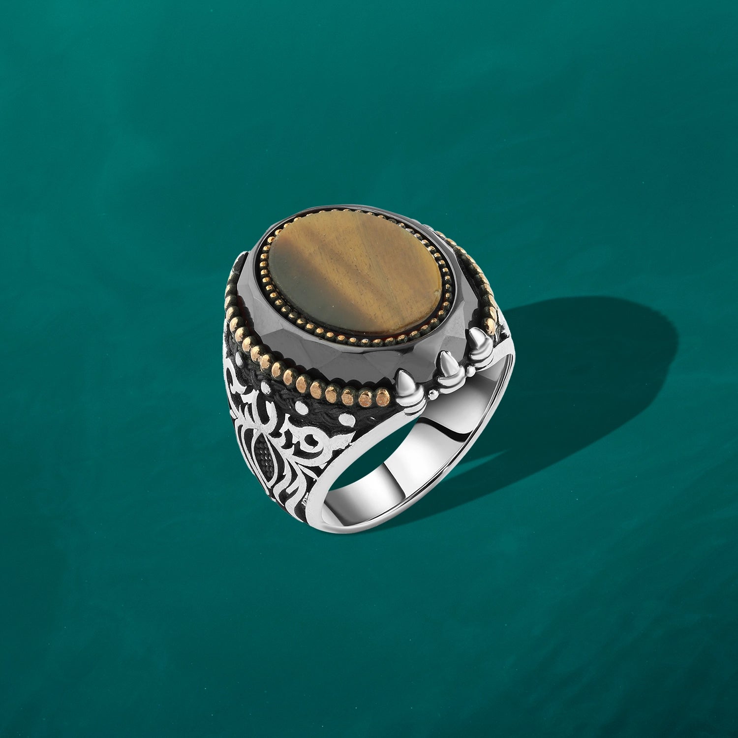 Men's Silver Ring with Natural Tiger Eye Stone and Gold-Plated Ornaments