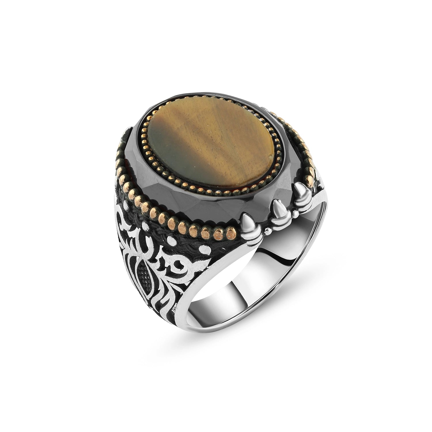Men's Silver Ring with Natural Tiger Eye Stone and Gold-Plated Ornaments