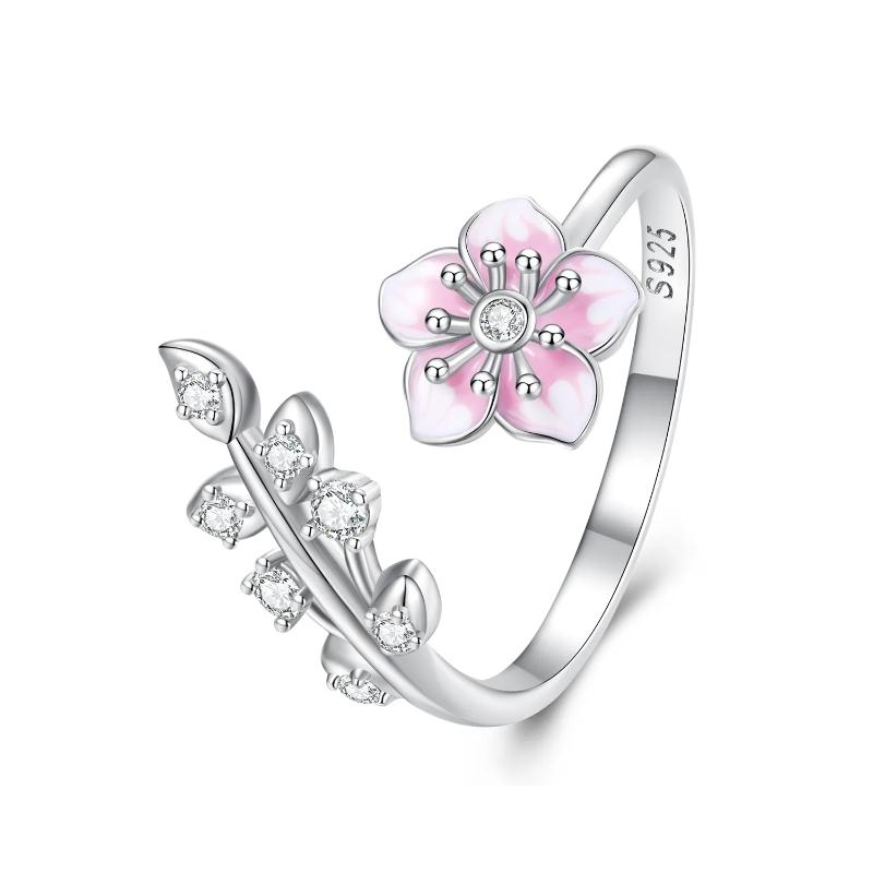 Pink Cherry Blossom Ring – 925 Silver with Open Design and