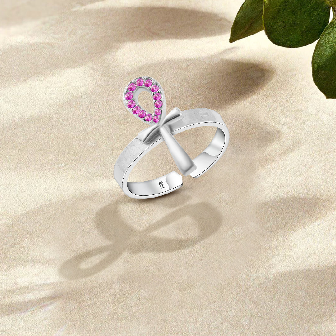 خاتم فرعوني بتصميم مفتاح الحياه فضة 925 مرصع بفصوص الزركون الوردي