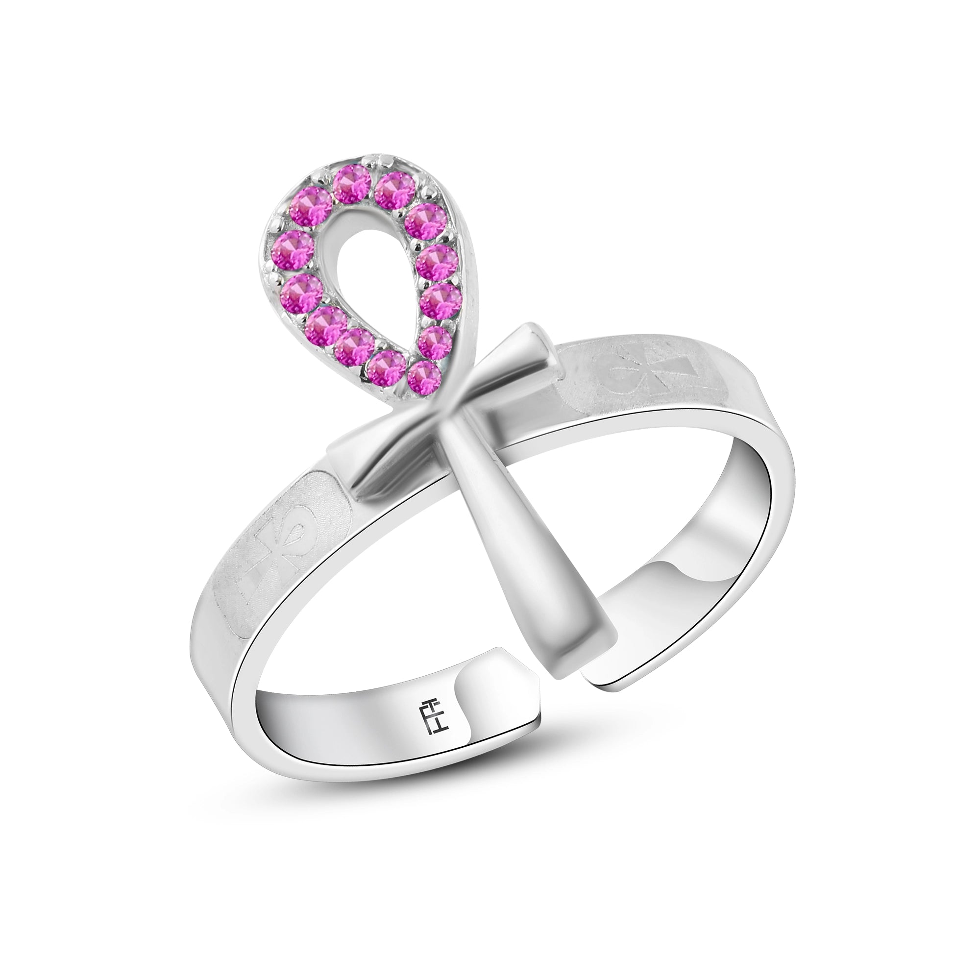 خاتم فرعوني بتصميم مفتاح الحياه فضة 925 مرصع بفصوص الزركون الوردي