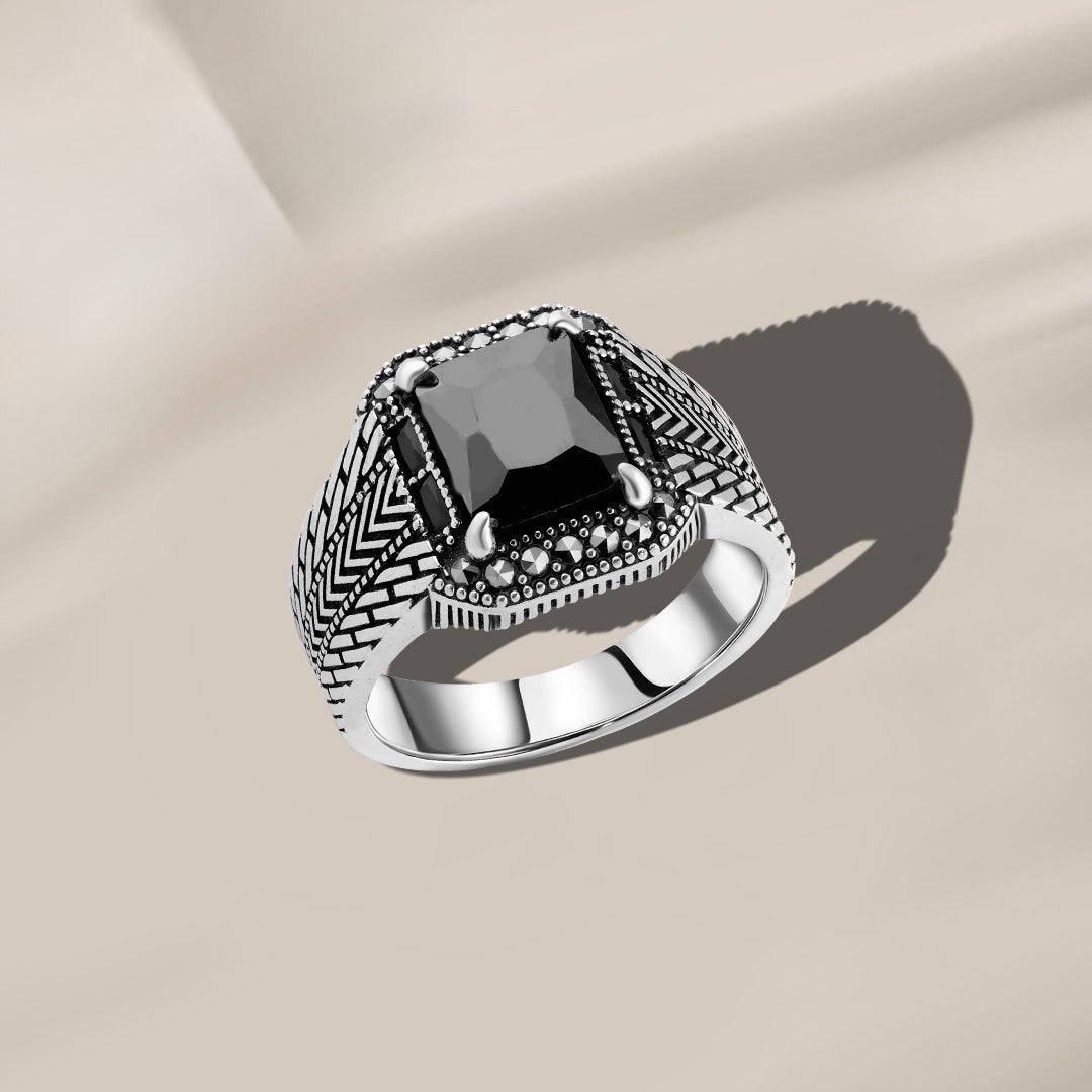 Men's Silver Ring with Geometric Design and Black Stone