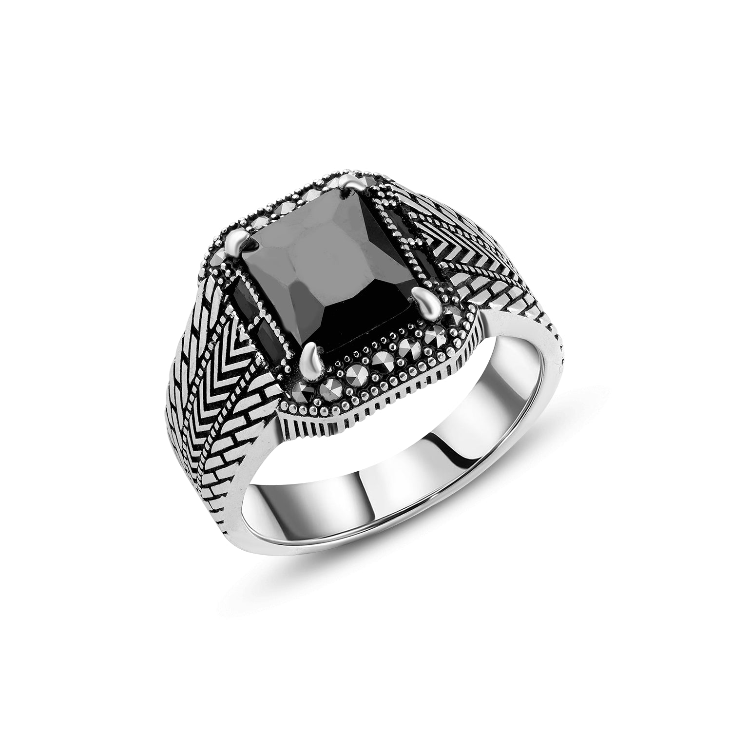Men's Silver Ring with Geometric Design and Black Stone
