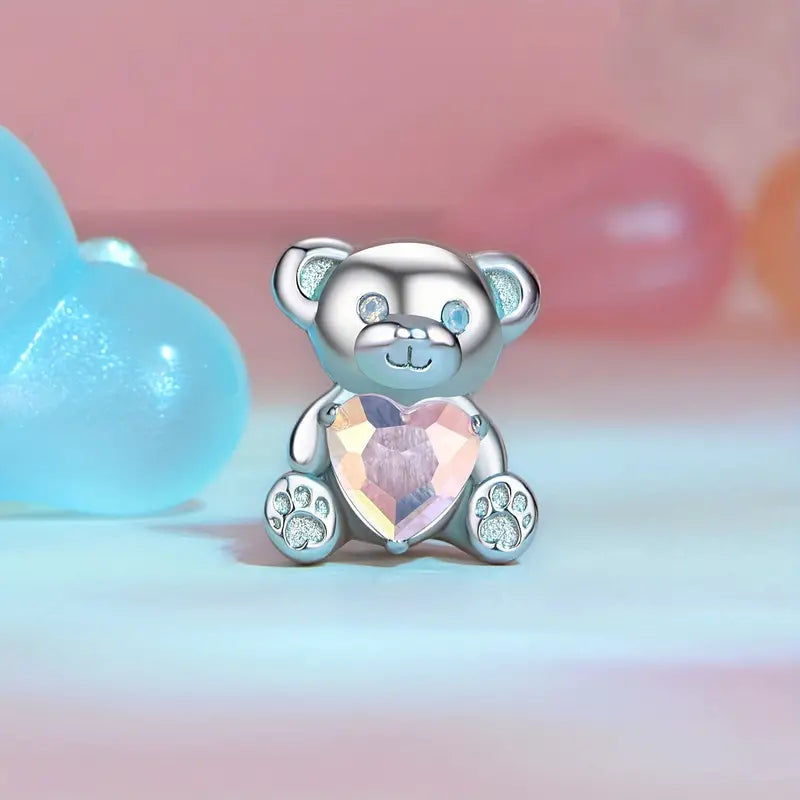 Pink Zircon Bear Charm - 925 sterling silver