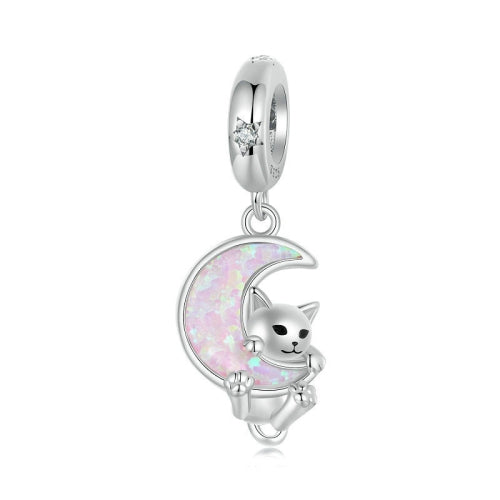 Opal Moon Cat Charm - 925 Sterling Silver