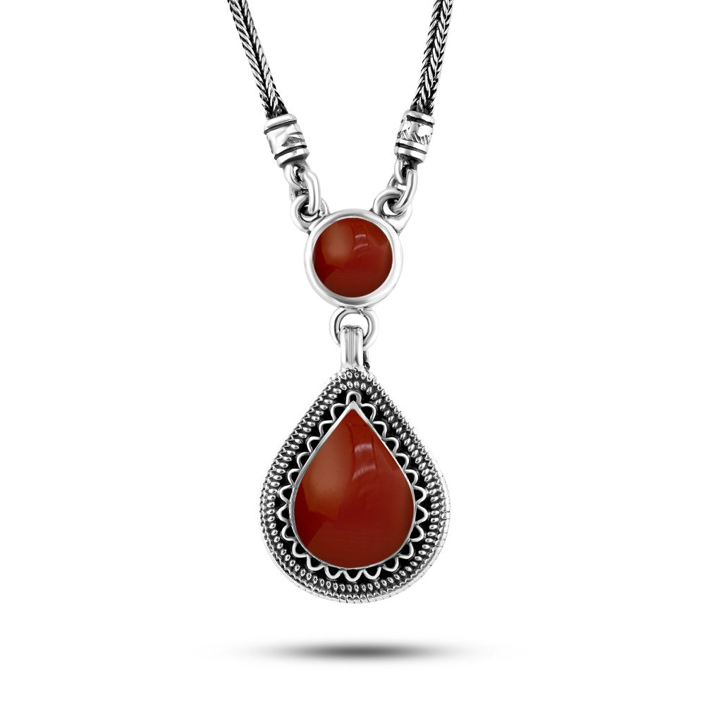 عقد فضة مصري حريمي عيار 925 متوج بحجر عقيق علي شكل لوزة