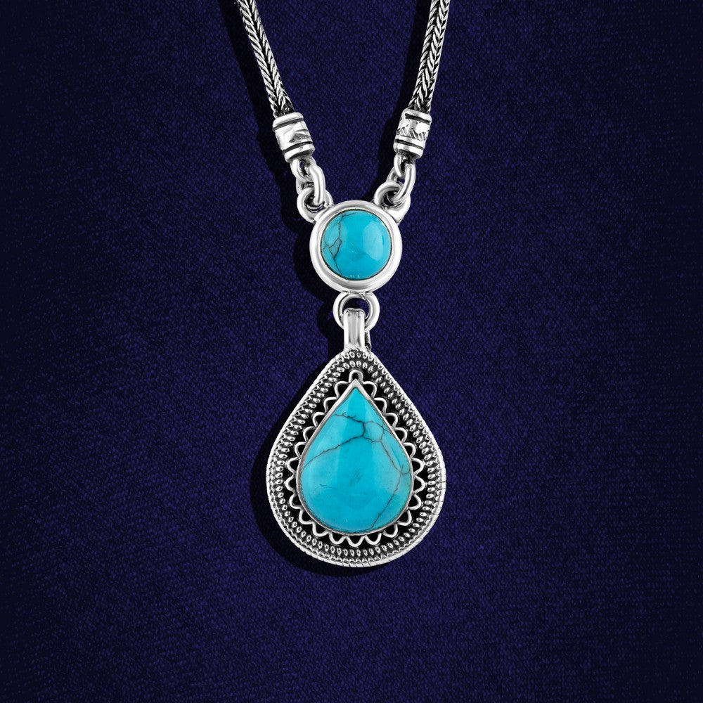 عقد فضة مصري حريمي عيار 925 متوج بحجر فيروز علي شكل لوزة