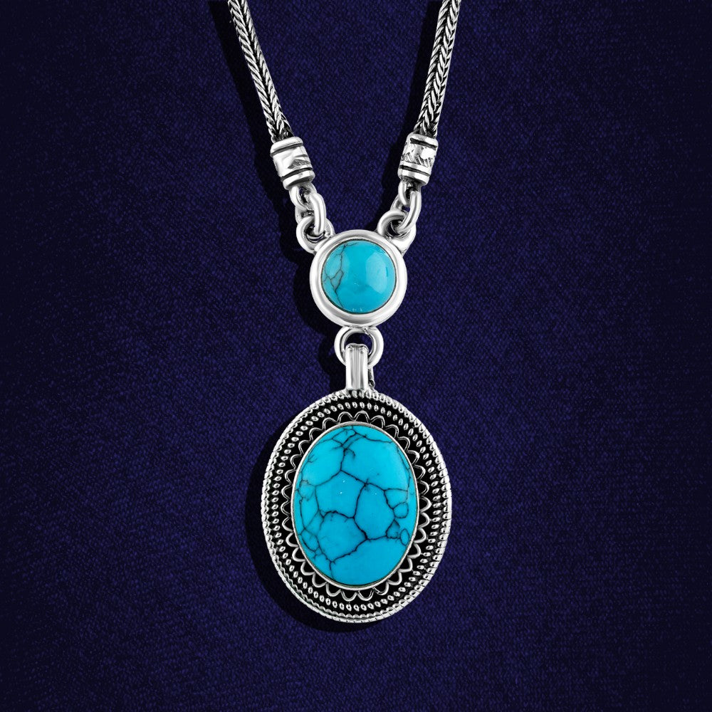 عقد فضة مصري حريمي عيار 925 متوج بحجر فيروز علي شكل بيضاوي
