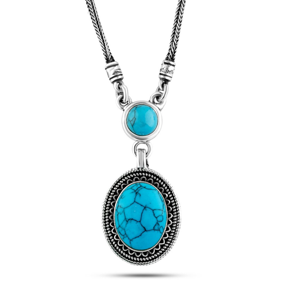 عقد فضة مصري حريمي عيار 925 متوج بحجر فيروز علي شكل بيضاوي