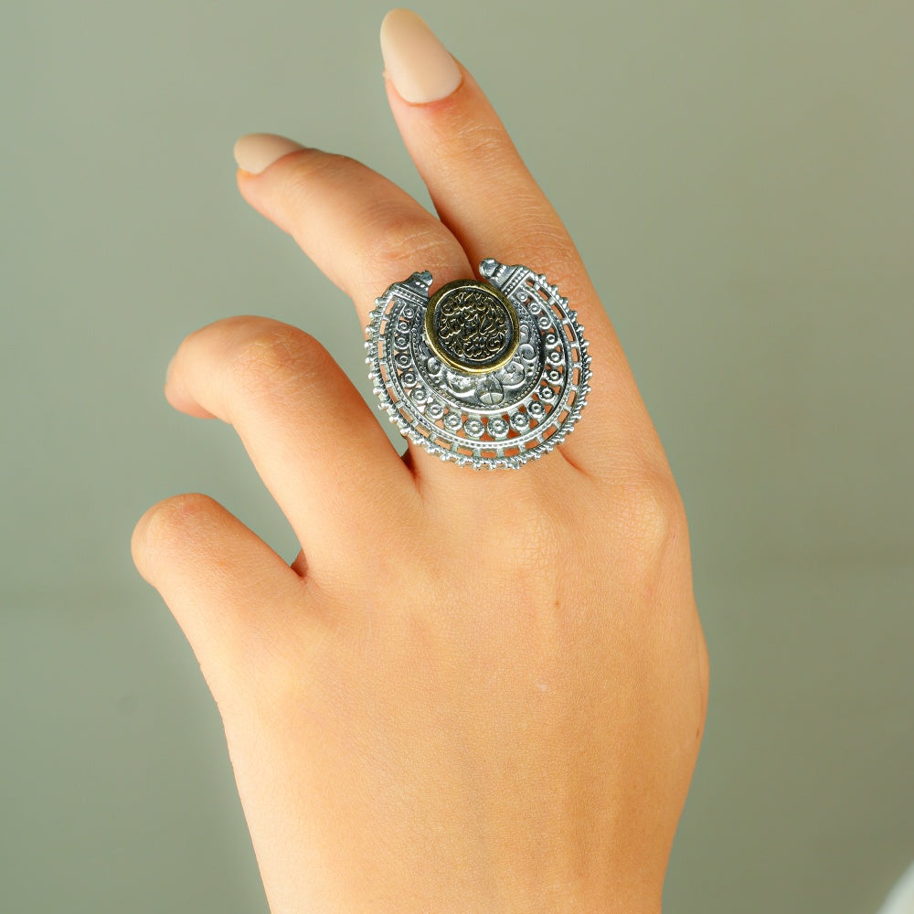 "Who Dwells in the Soul" Ring – Sterling Silver Inlaid with Brass and Traditional Arabic Engraving