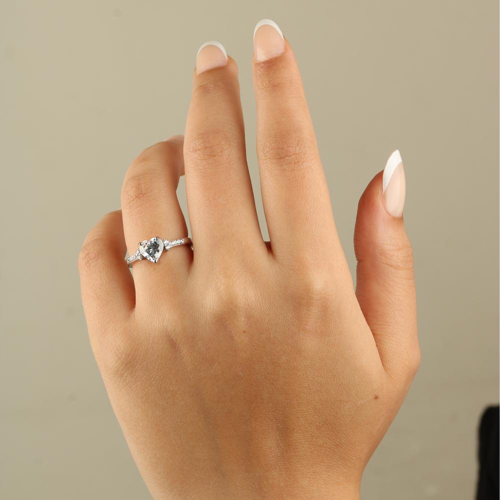 Zircon Heart Ring – 925 Sterling Silver with Side Stone Accents