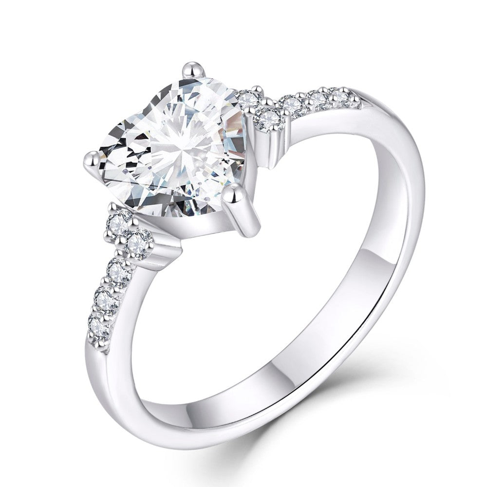 Zircon Heart Ring – 925 Sterling Silver with Side Stone Accents