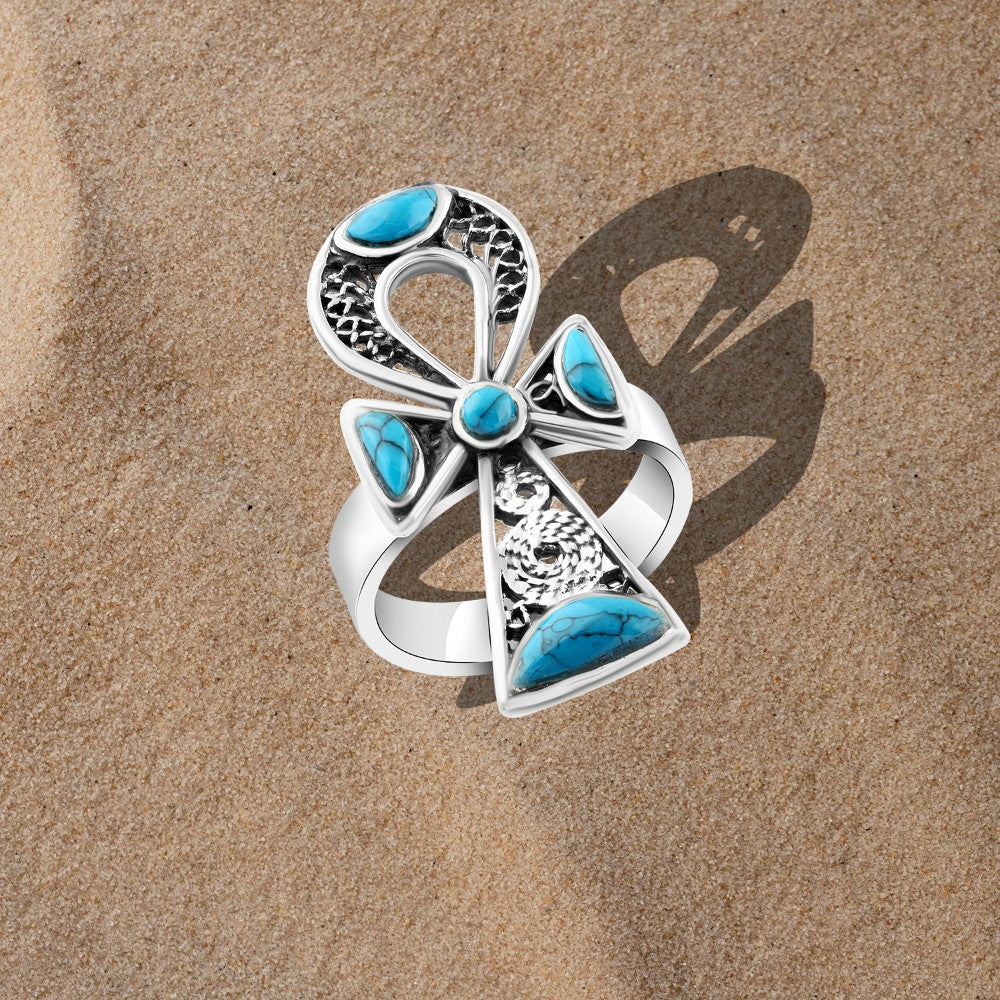 خاتم مفتاح الحياة – فضة عيار 925 بحجر فيروز