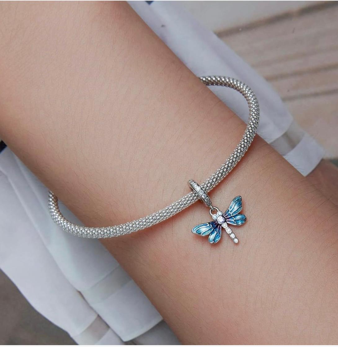 Dragonfly Charm – 925 Sterling Silver with Blue Enamel and Zircon Stones