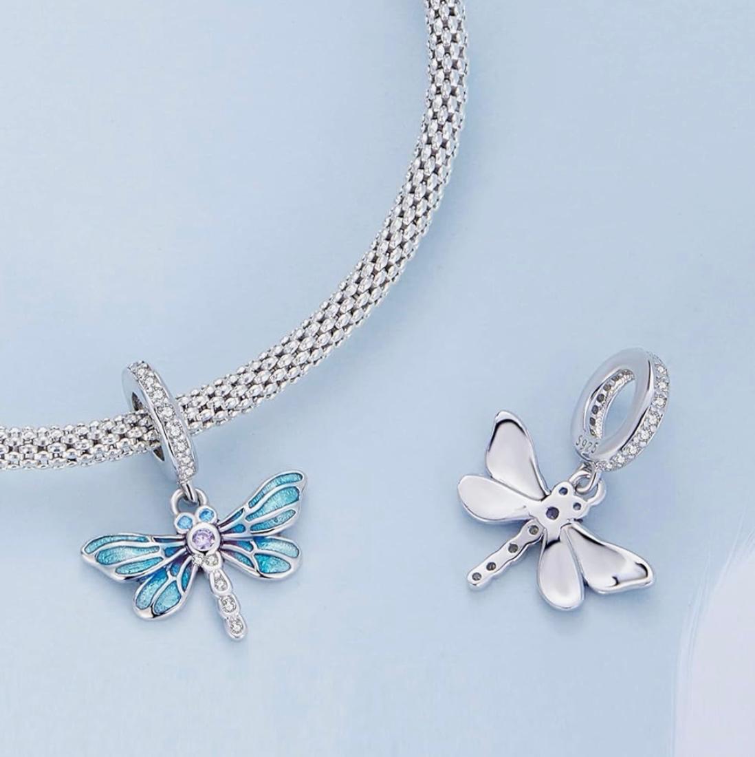 Dragonfly Charm – 925 Sterling Silver with Blue Enamel and Zircon Stones